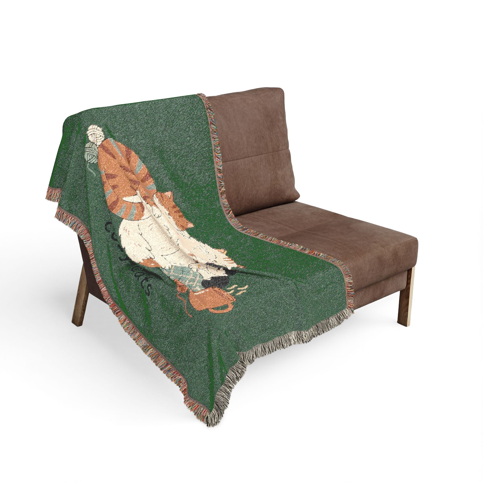 Green Woven Cat Blanket — Cotton Throw for Cat Lovers