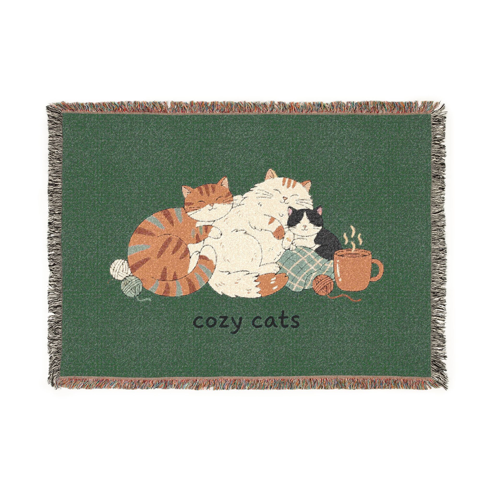 Green Woven Cat Blanket — Cotton Throw for Cat Lovers