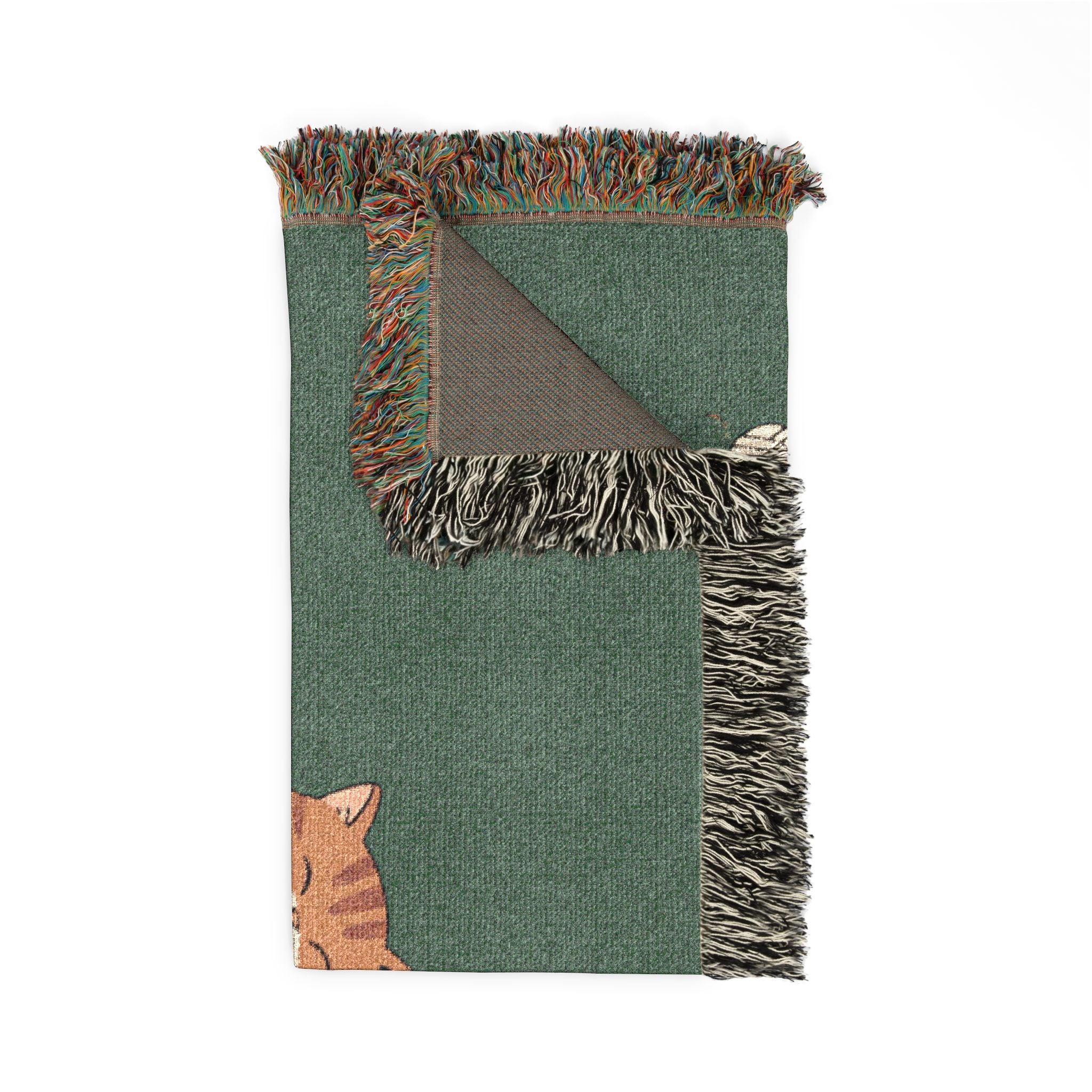 Green Woven Cat Blanket — Cotton Throw for Cat Lovers