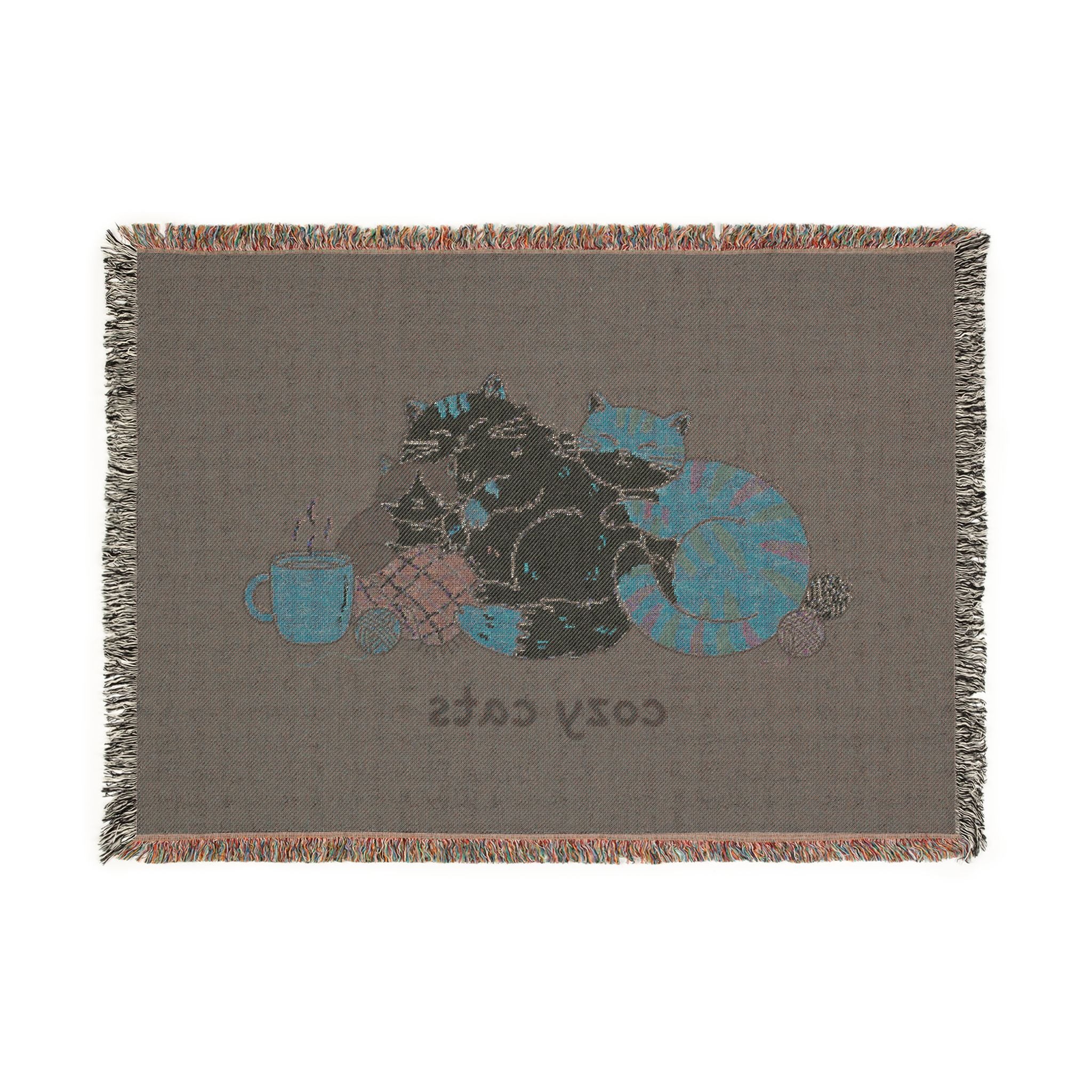 Green Woven Cat Blanket — Cotton Throw for Cat Lovers